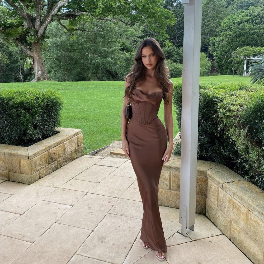 HOUSE OF CB chocolate corset maxi dress